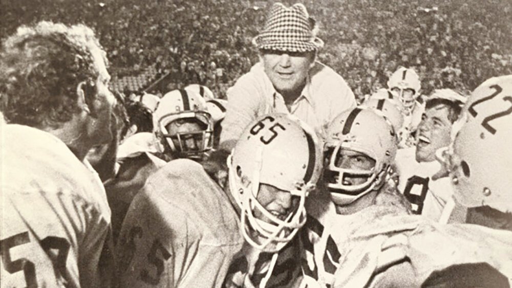 labama coach Paul "Bear" Bryant is carried off the field by his Crimson Tide players after surprising USC in the 1971 season opener