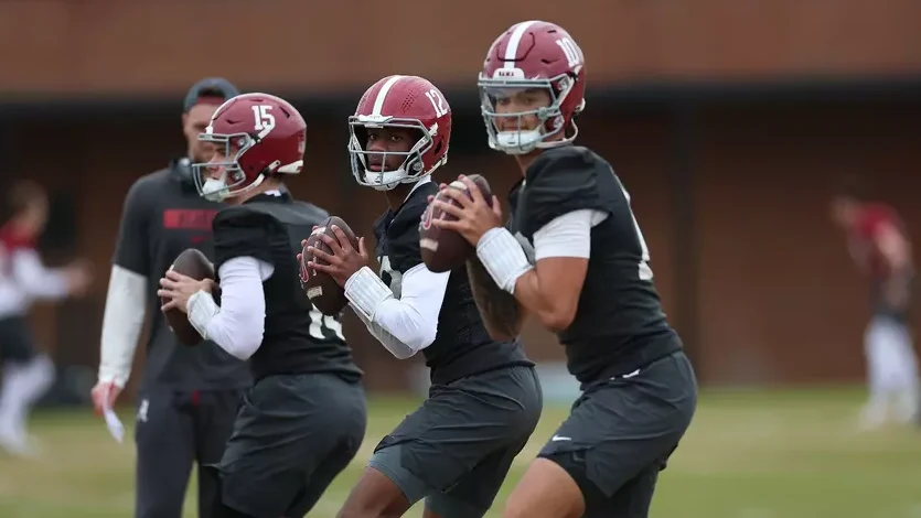 Alabama quarterbacks Austin Mack, Keelon Russell and Ty Simpson during spring practice
